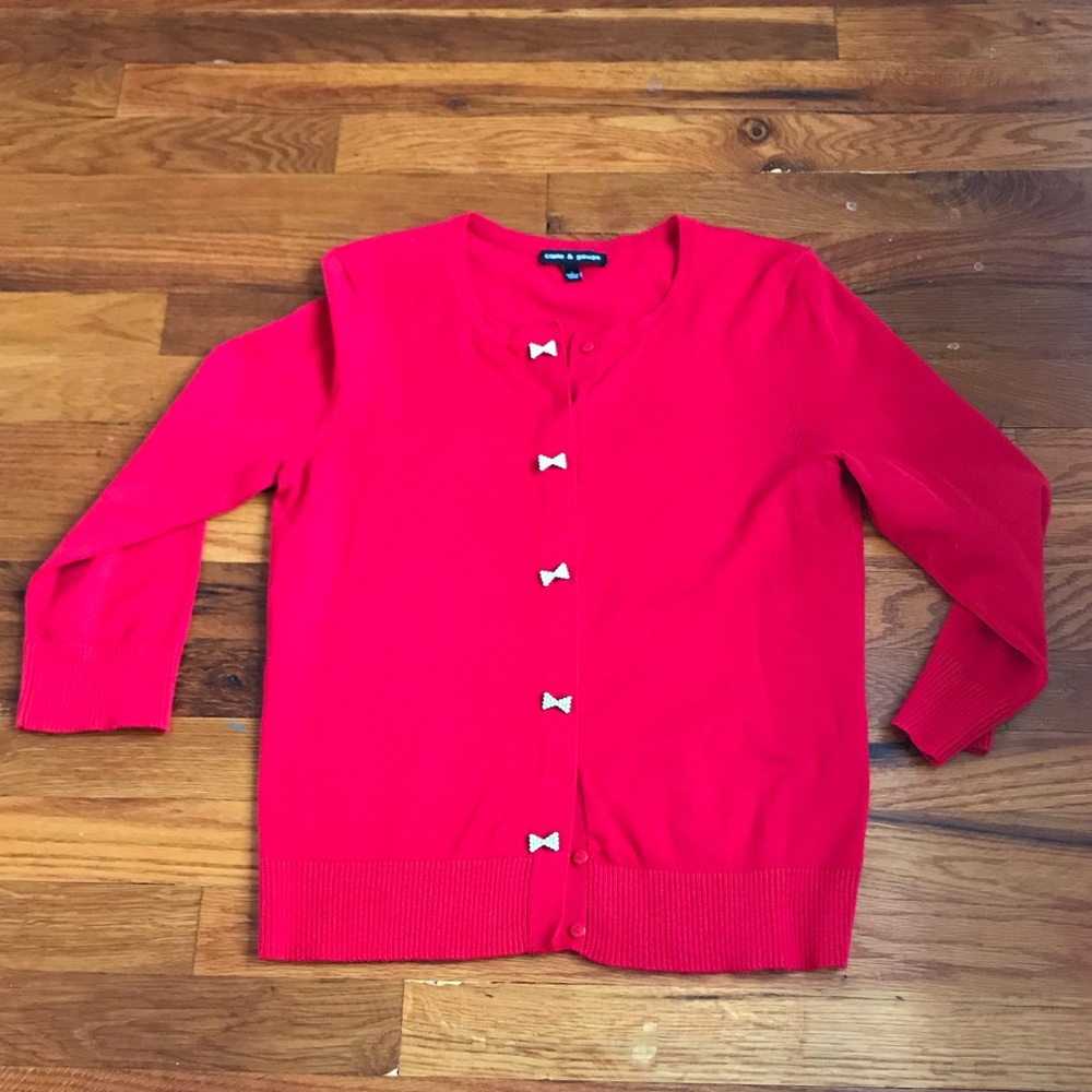 Red cardigan with gemstone bows